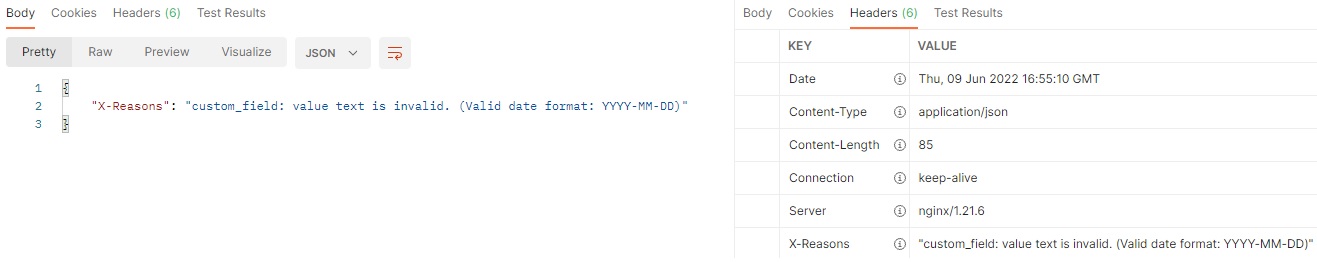 API error message and date custom field